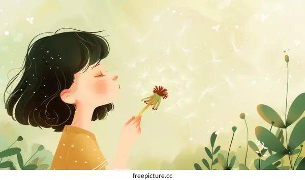Little girl blowing dandelion seeds in a field
