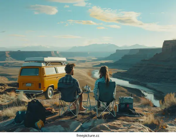 Young couple sitting in chairs and looking at a canyon landscape with a river