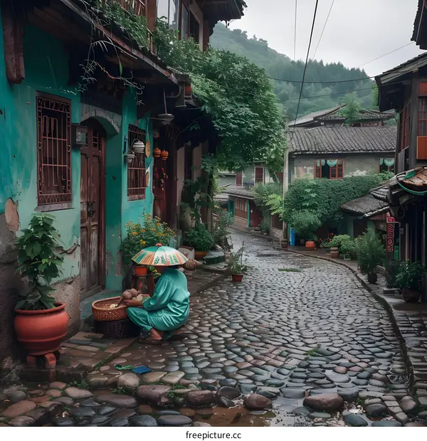 A Woman Sits On The Cobblestone Street Of A Village In China
