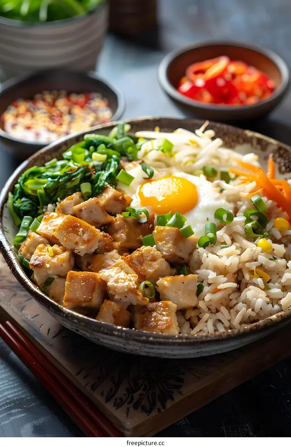 A delicious and healthy meal of rice, vegetables, and protein.