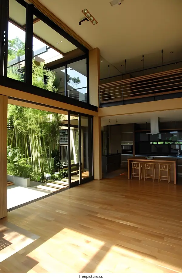 Modern Interior Design with Large Windows and Bamboo Garden
