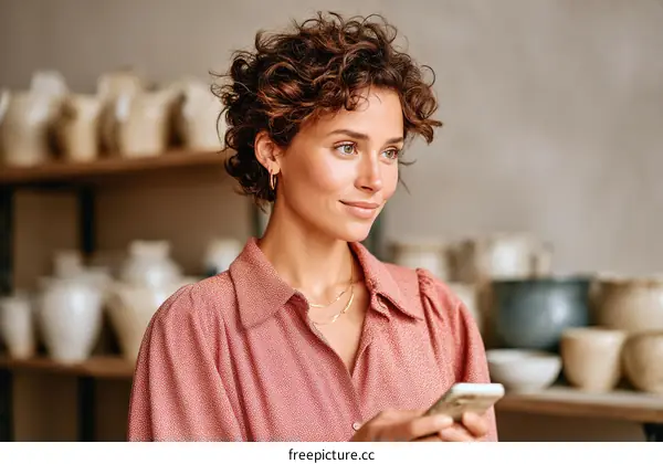 Woman using smartphone in a pottery studio