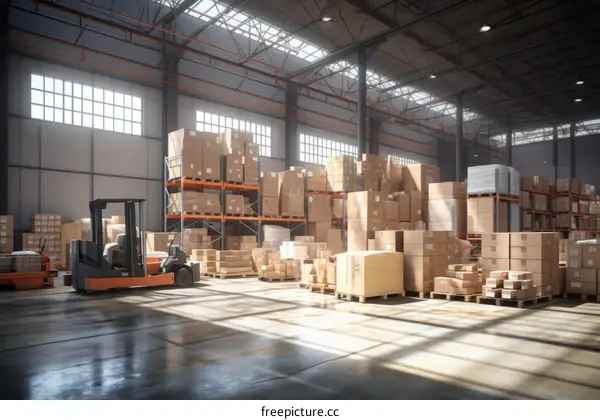 Large Warehouse with Forklift and Boxes