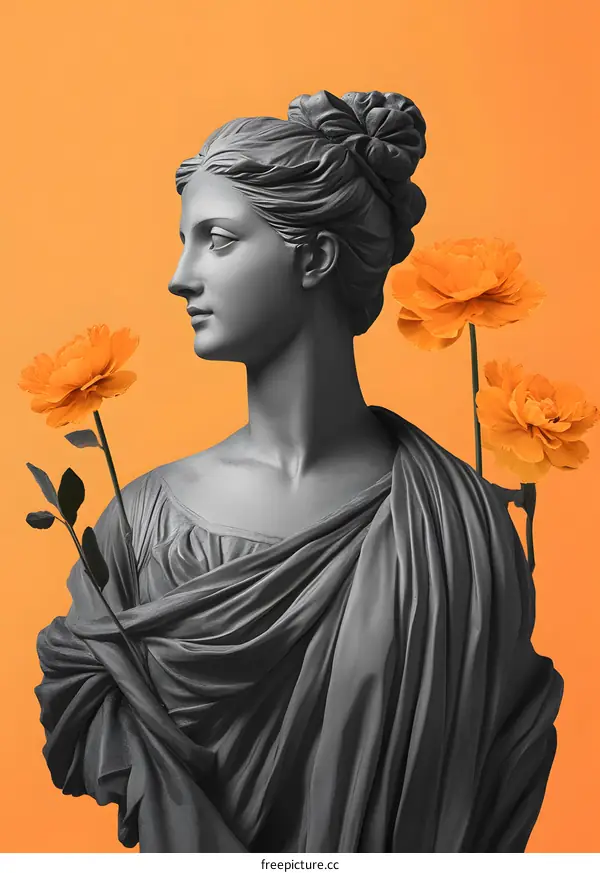 Orange Flowers and a Black and White Statue