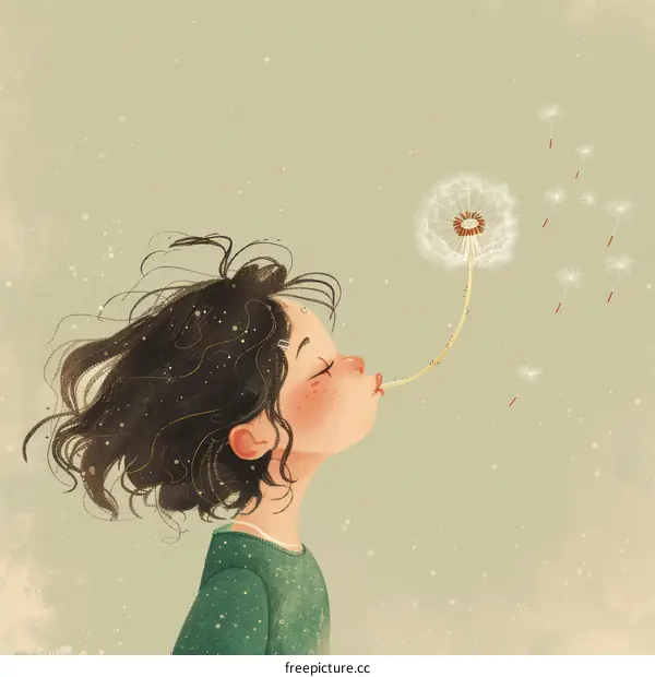 Little girl blowing dandelion seeds in nature