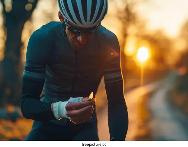 Cyclist on a country road at sunset