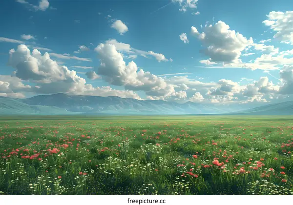 Field of red and white flowers with mountains in the distance