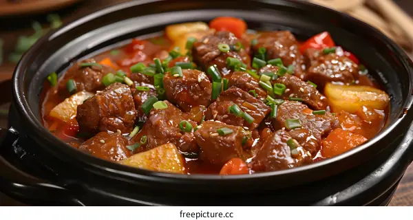 Close Up of Beef Stew With Vegetables in Pot