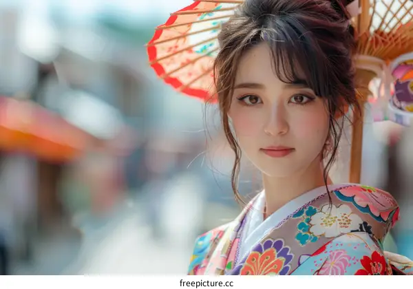 Portrait of a beautiful Japanese woman in traditional kimono