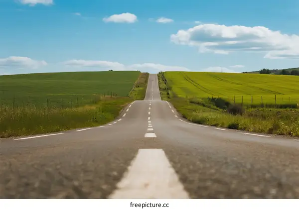 A long road stretching through green fields under a clear blue sky