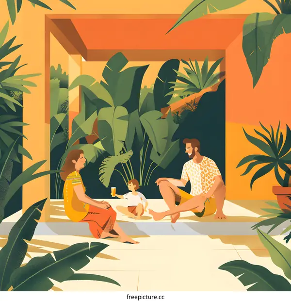 Family Sitting Together in a Tropical Garden