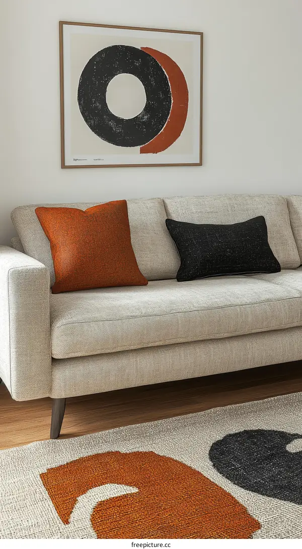 Modern Abstract Art Print on Beige Sofa