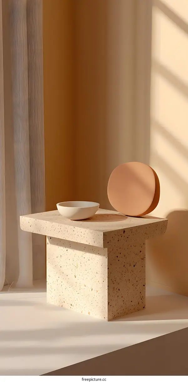 Minimalist 3D Render Of A White Bowl On A Beige Terrazzo Table