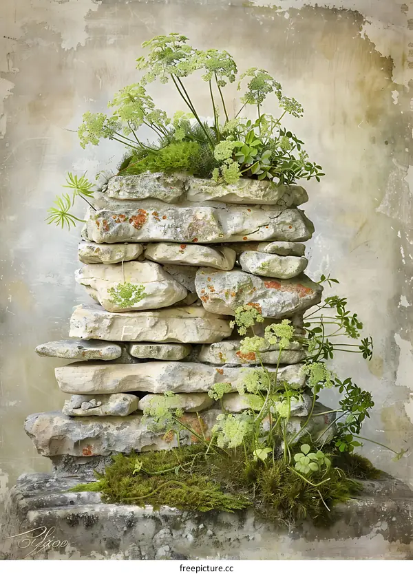 Stone Stack with Plants and Moss