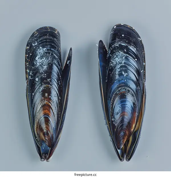 Two mussels on a gray background