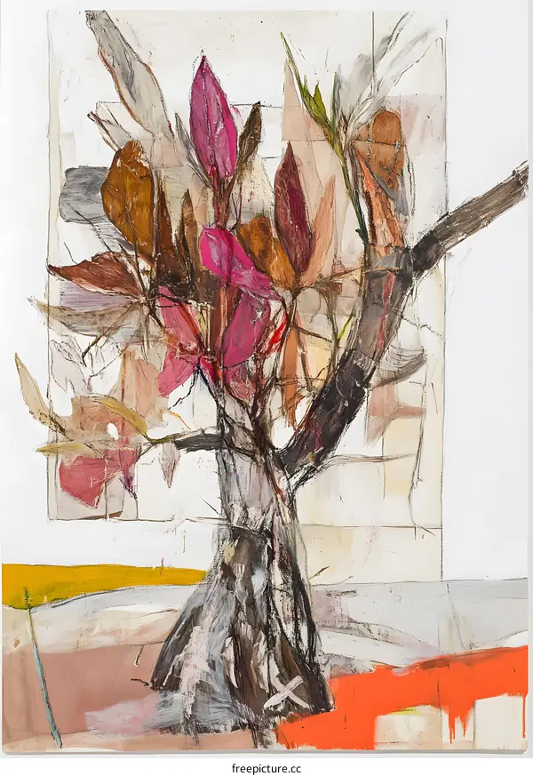 Abstract Tree Painting with Pink and Brown Leaves