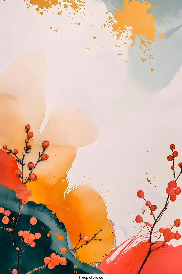 Abstract Watercolor Painting with Berries and Gold