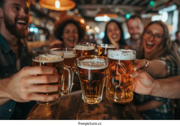 Group of friends toasting with beer mugs in a bar