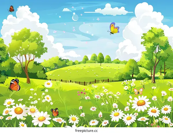 Beautiful Spring Meadow With Butterflies And Flowers