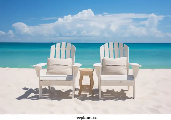 Two white Adirondack chairs sit on a sandy beach overlooking the blue ocean