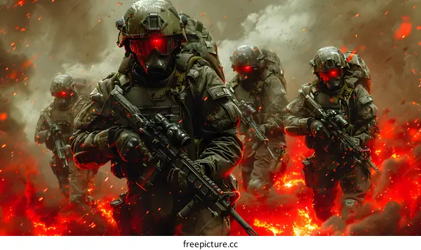 Soldiers in Gas Masks Walking Through Fire