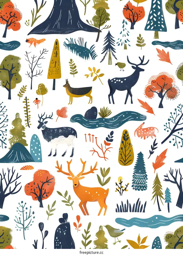 Seamless Pattern with Forest Animals and Plants Illustration