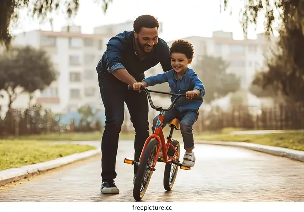 Father Teaches Son How To Ride A Bike On A Sunny Day
