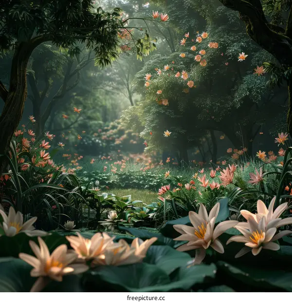 Mystical Forest Glade with Glowing Plants and Flowers