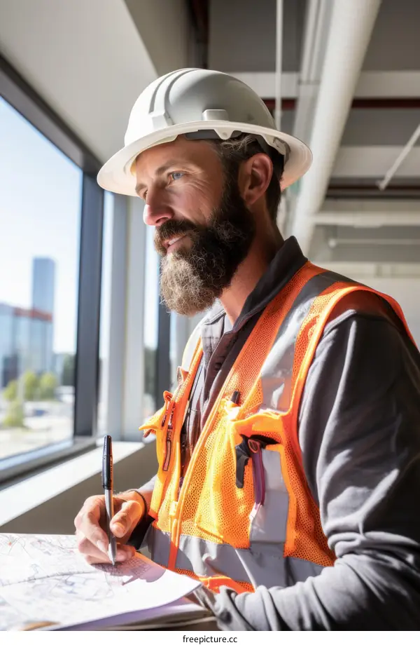 Construction worker wearing hardhat and safety vest looking out window