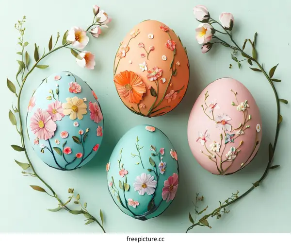 Easter Eggs Decorated with Flowers and Branches