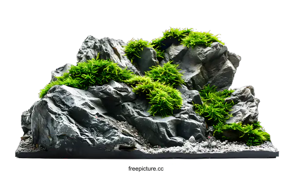 [Transparent Background PNG]Green Moss and Rocks Aquarium Decoration