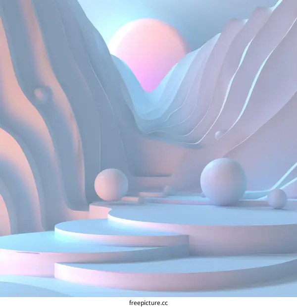 Abstract Landscape with Geometric Shapes and Spheres in Pink and White