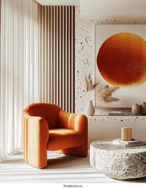 Modern Minimalist Living Room Design with Orange Accent Chair
