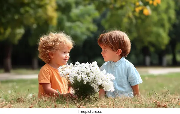 Two Children Sharing Flowers in a Park