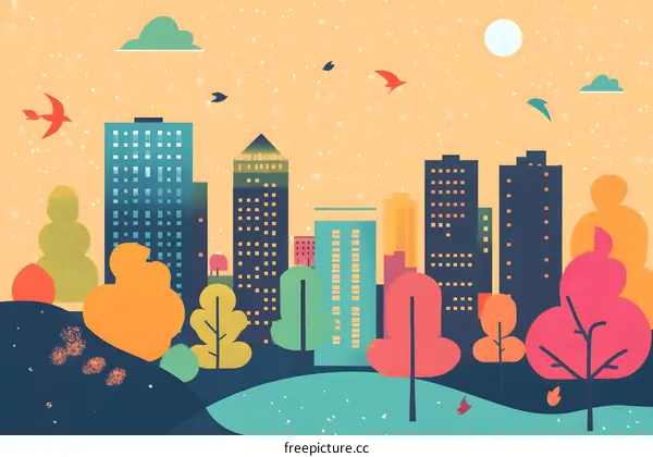 Cityscape with Trees and Birds in the Sky