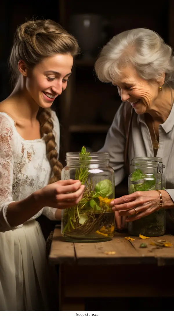 Two women are making herbal medicine.