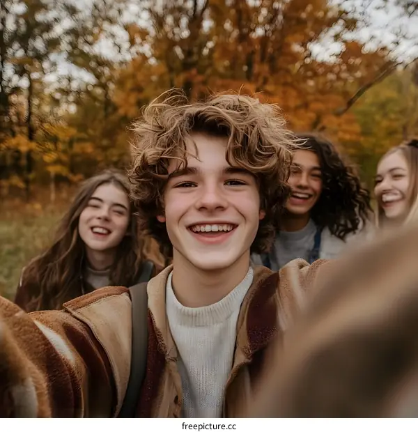 Group of friends smiling and taking selfie in autumn forest