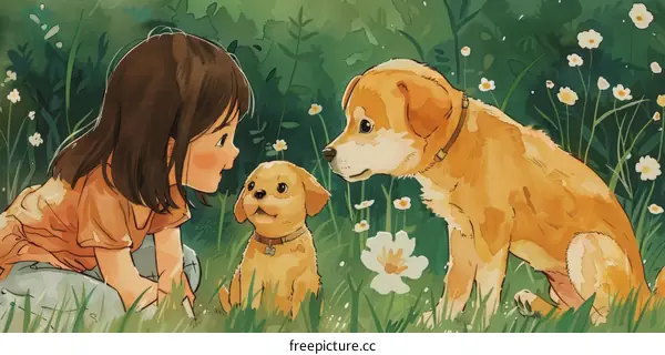 A girl and two dogs are playing in the flowers