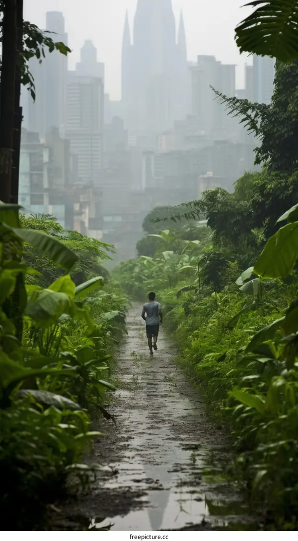 Man running on a jungle path with a city in the background