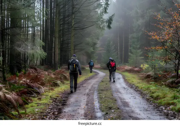 Three Hikers Walking on a Path in a Foggy Forest