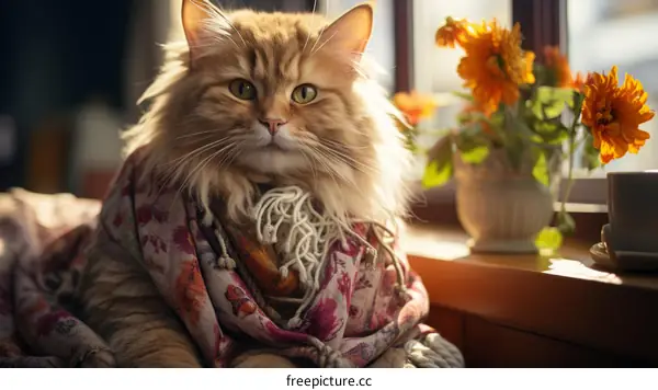A ginger cat wearing a floral scarf is sitting in front of a vase of flowers.