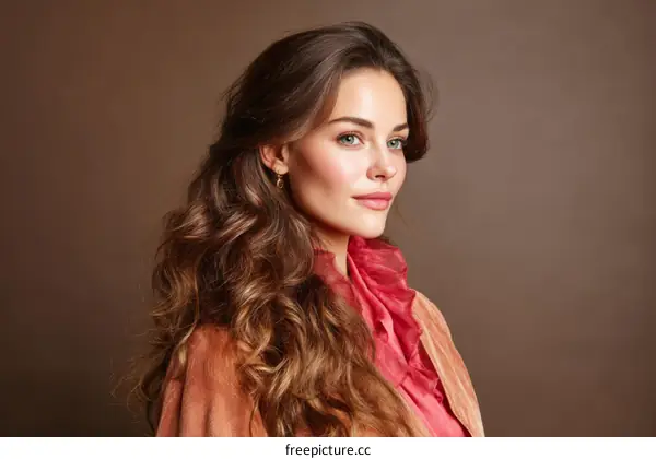 Elegant Woman with Long Wavy Hair and Fashionable Outfit