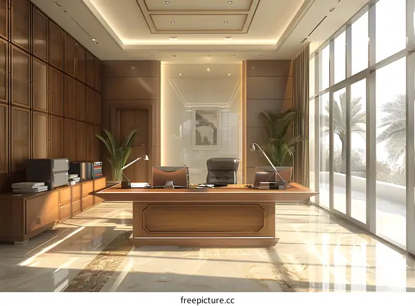 Modern office interior design with wooden wall and marble floor