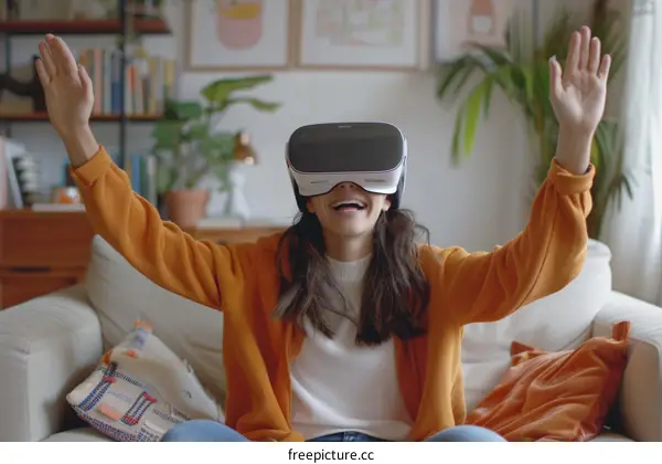 Hispanic woman wearing virtual reality headset and smiling