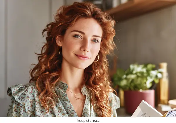 Red-haired woman with curly hair reading a book indoors