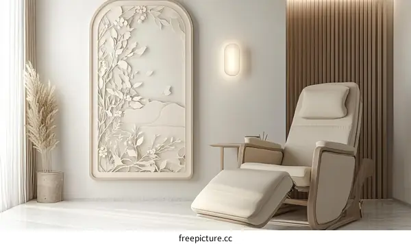 Modern minimalist interior design with a comfortable recliner chair