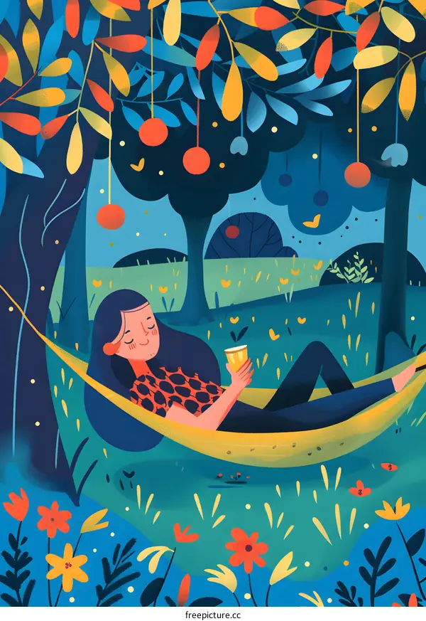 Relaxing in Hammock Under the Tree with Cup of Juice