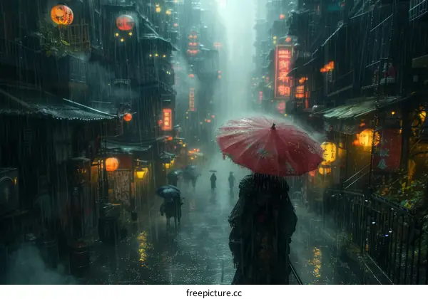 A lone samurai walks through a rainy street in a cyberpunk city.