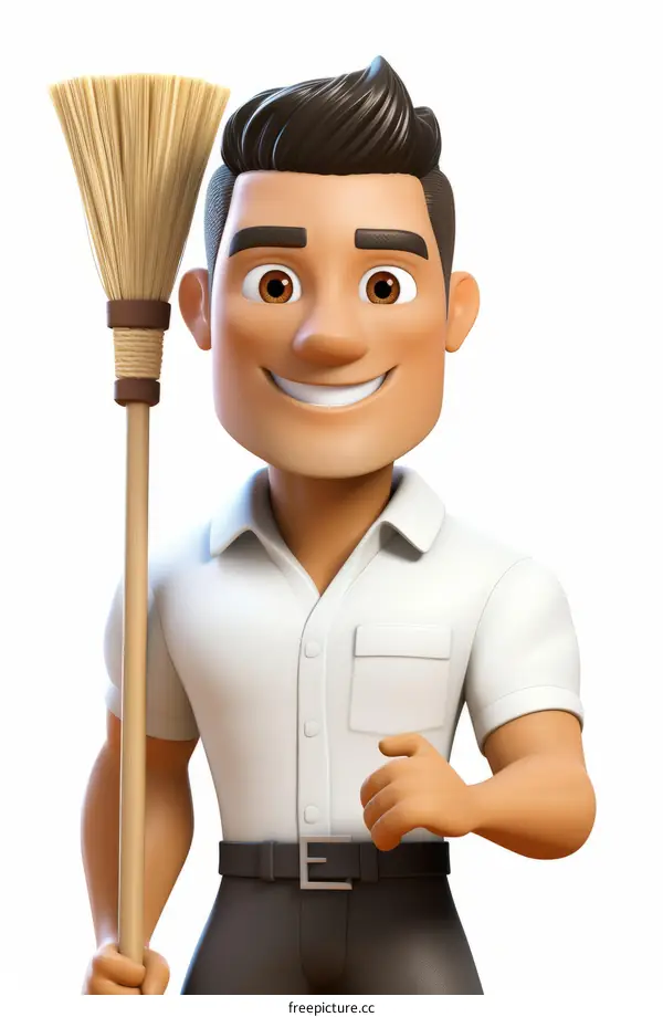 Cartoon character of a smiling man holding a broom