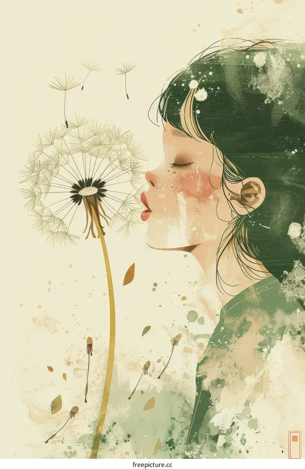 girl blowing dandelion illustration